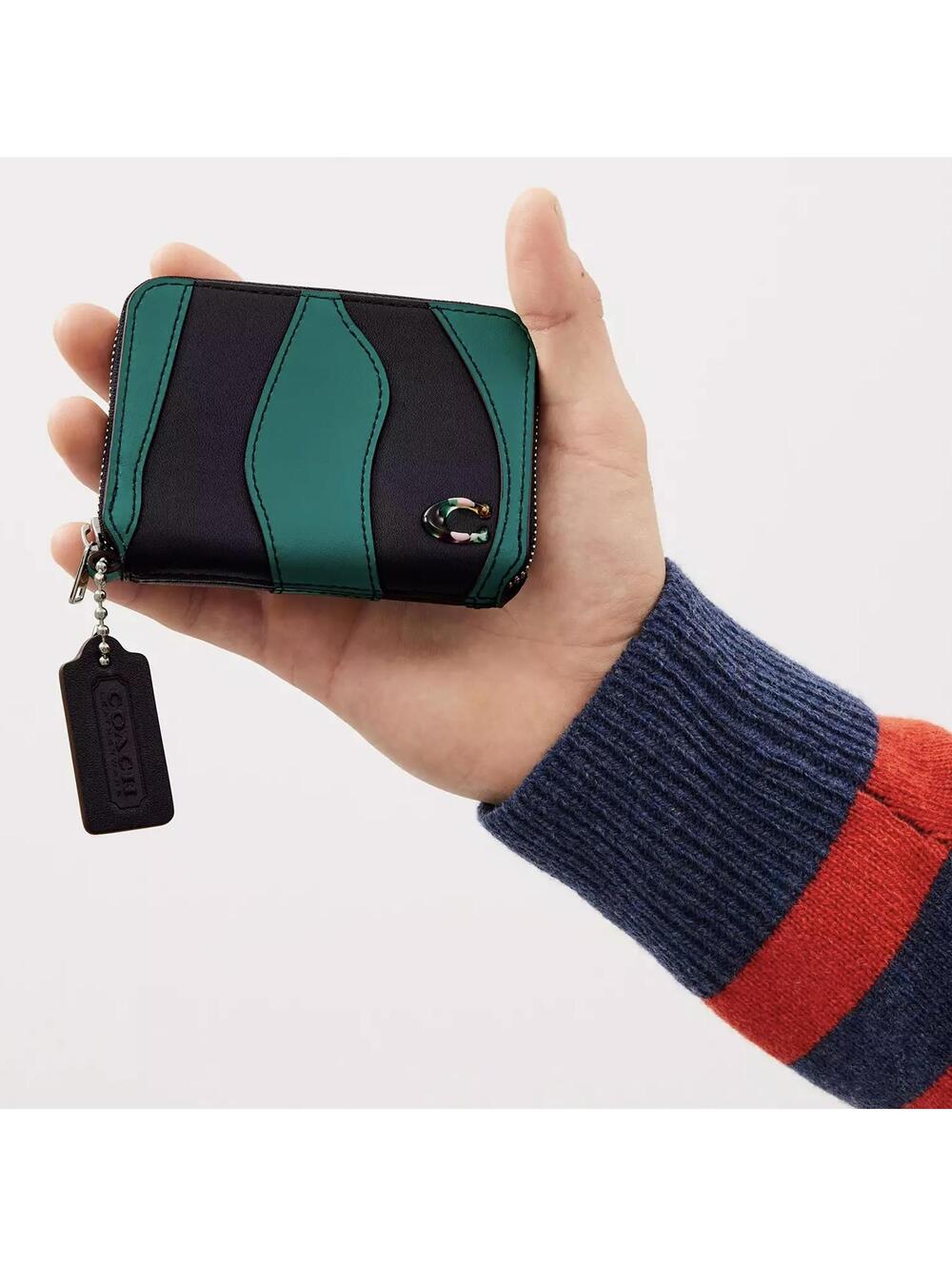 Coach Zip Around Wallet In Wavy Stripe Upcrafted Leather Midnight Navy/Green - Picture 5 of 9